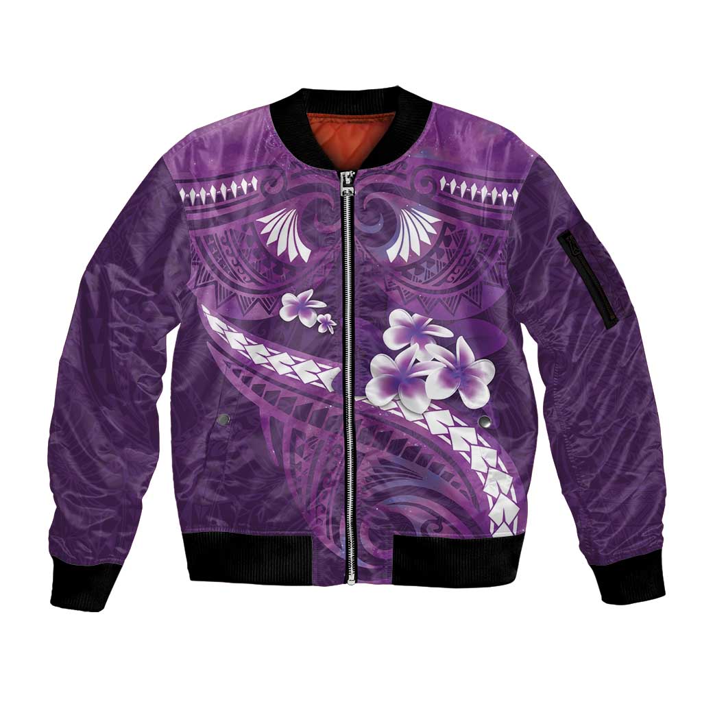 Purple Polynesia Sleeve Zip Bomber Jacket Tribal Pattern Tropical Frangipani