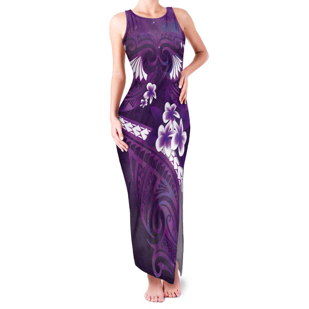 Purple Polynesia Tank Maxi Dress Tribal Pattern Tropical Frangipani