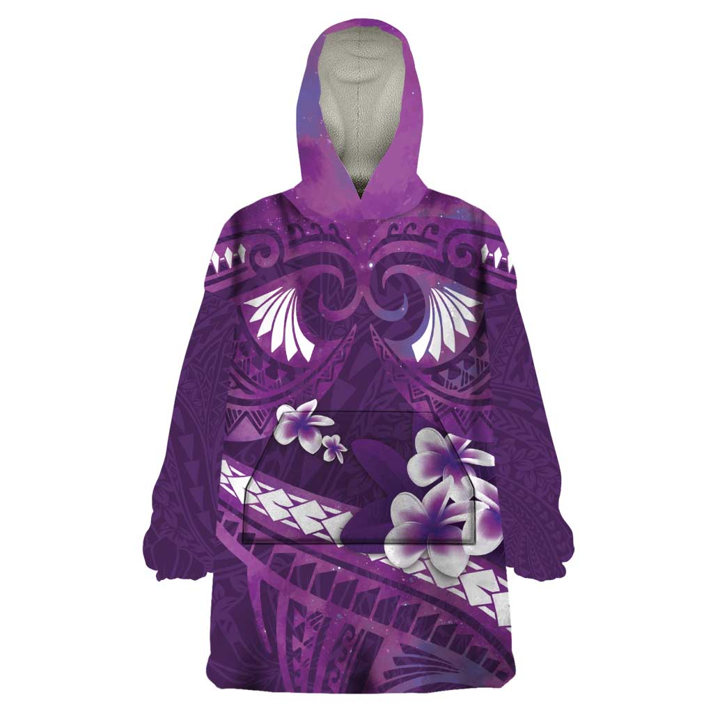 Purple Polynesia Wearable Blanket Hoodie Tribal Pattern Tropical Frangipani