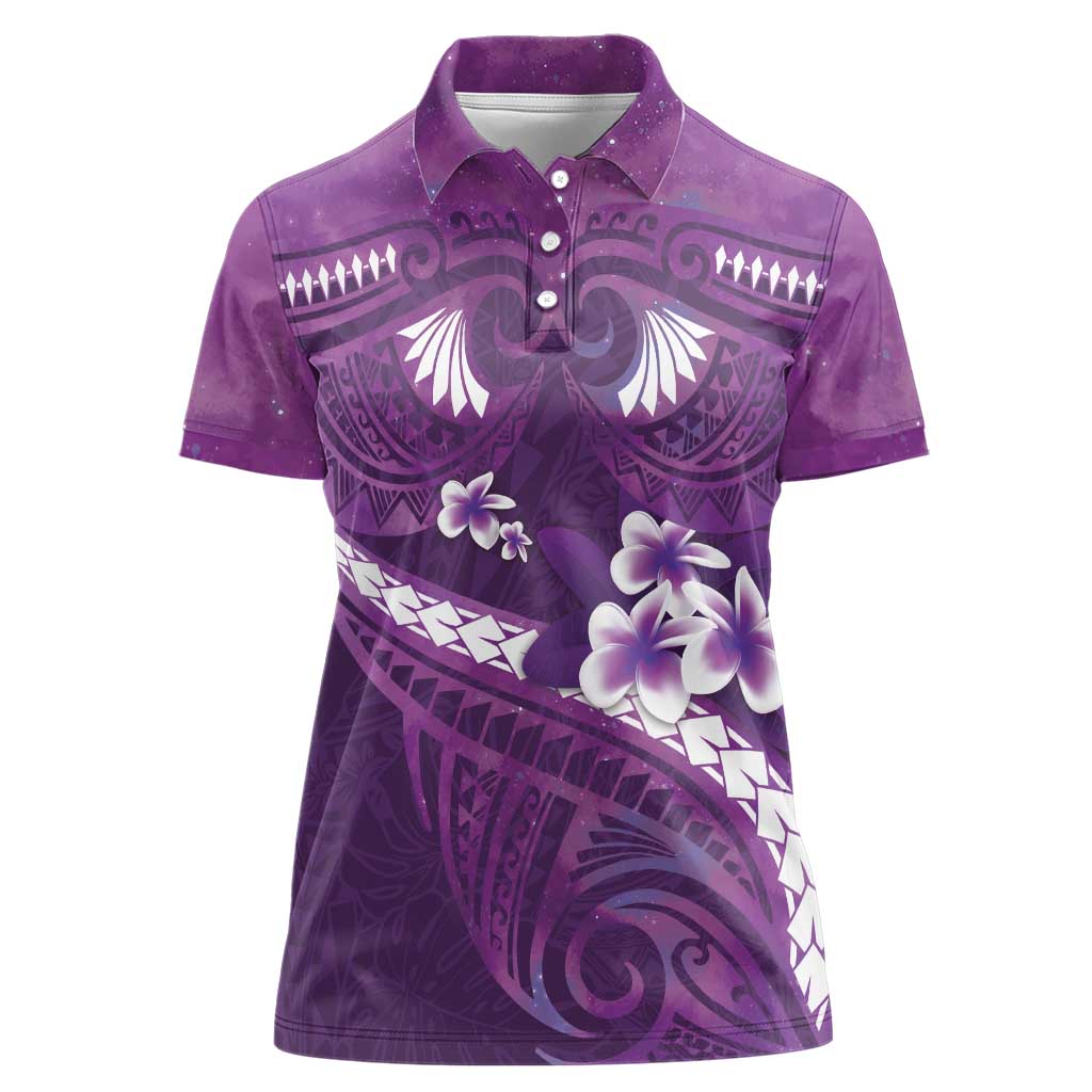 Purple Polynesia Women Polo Shirt Tribal Pattern Tropical Frangipani