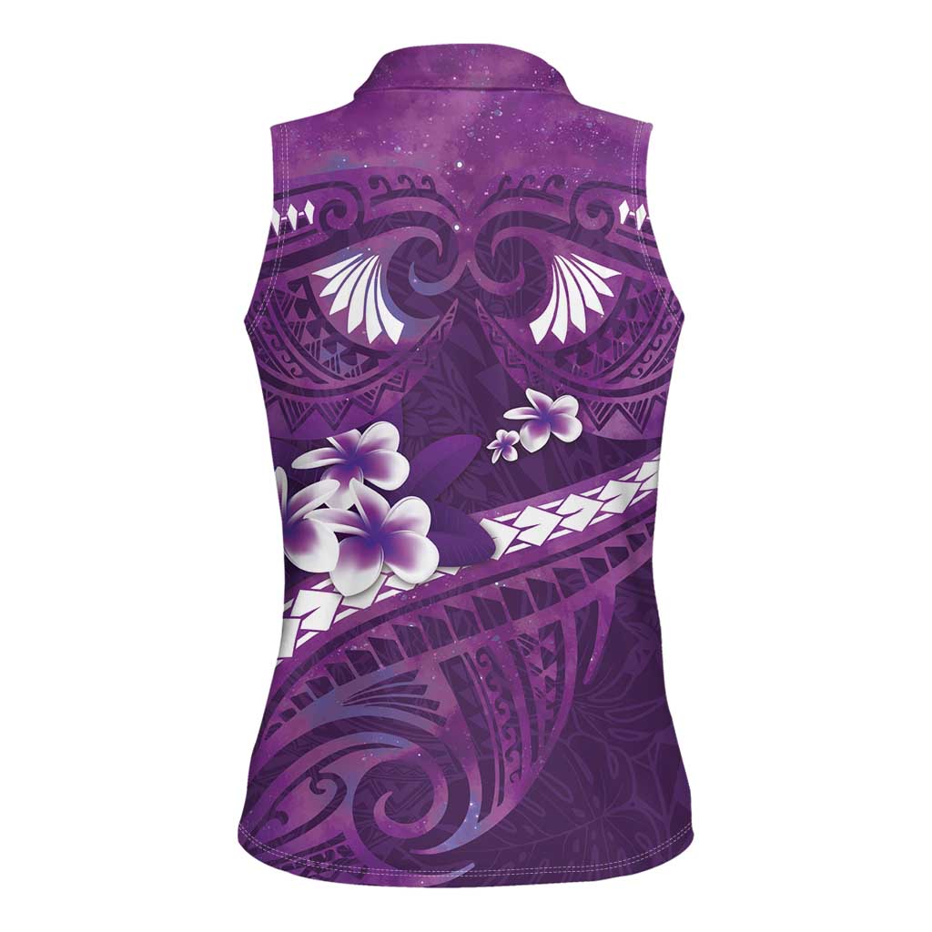 Purple Polynesia Women Sleeveless Polo Shirt Tribal Pattern Tropical Frangipani