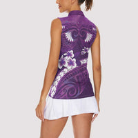 Purple Polynesia Women Sleeveless Polo Shirt Tribal Pattern Tropical Frangipani