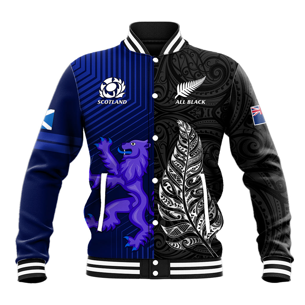 New Zealand and Scotland Rugby Baseball Jacket All Black Maori With Thistle Together LT14 Unisex Black - Polynesian Pride