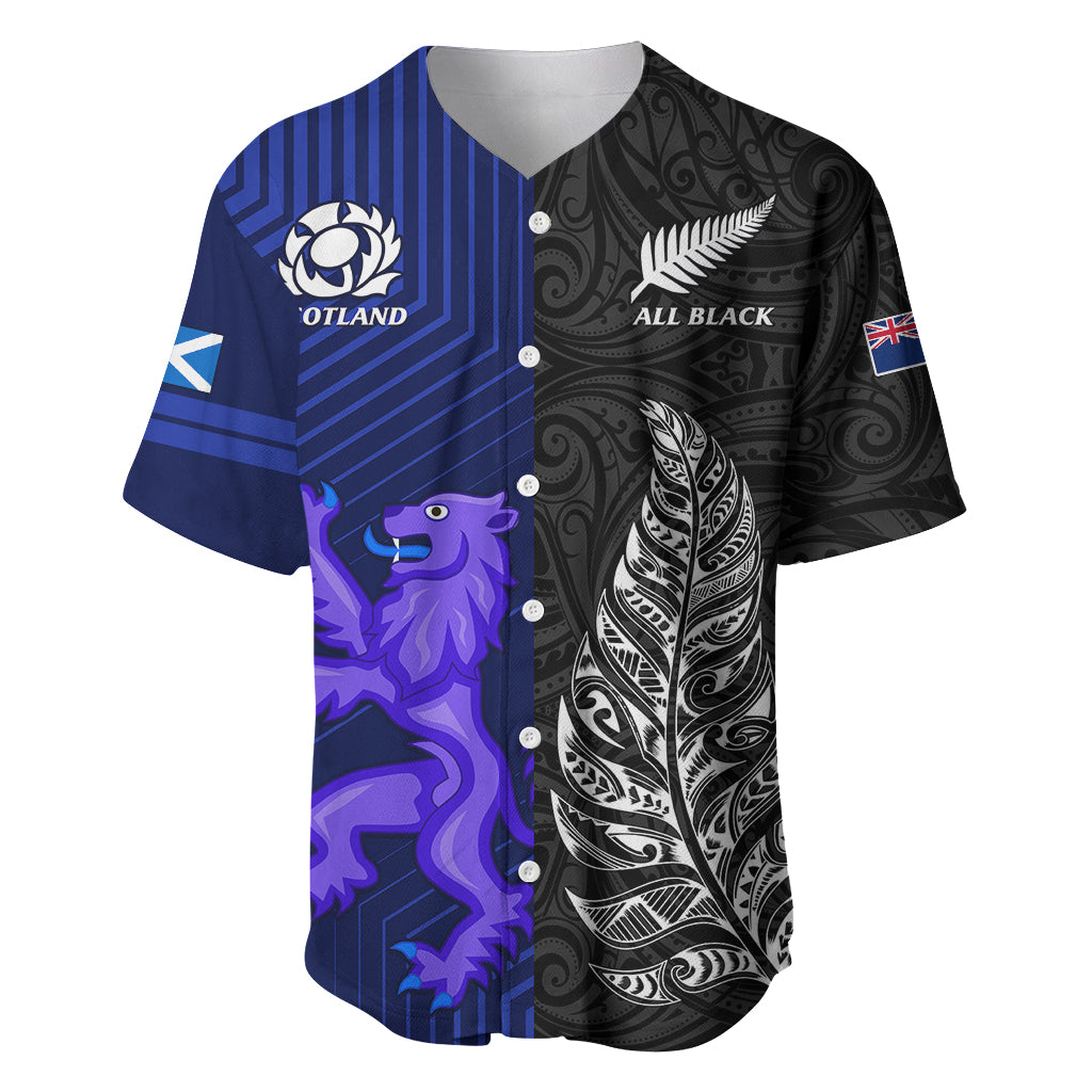 New Zealand and Scotland Rugby Baseball Jersey All Black Maori With Thistle Together LT14 Black - Polynesian Pride