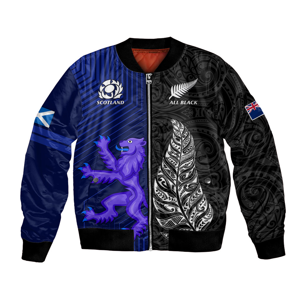 New Zealand and Scotland Rugby Bomber Jacket All Black Maori With Thistle Together LT14 Unisex Black - Polynesian Pride