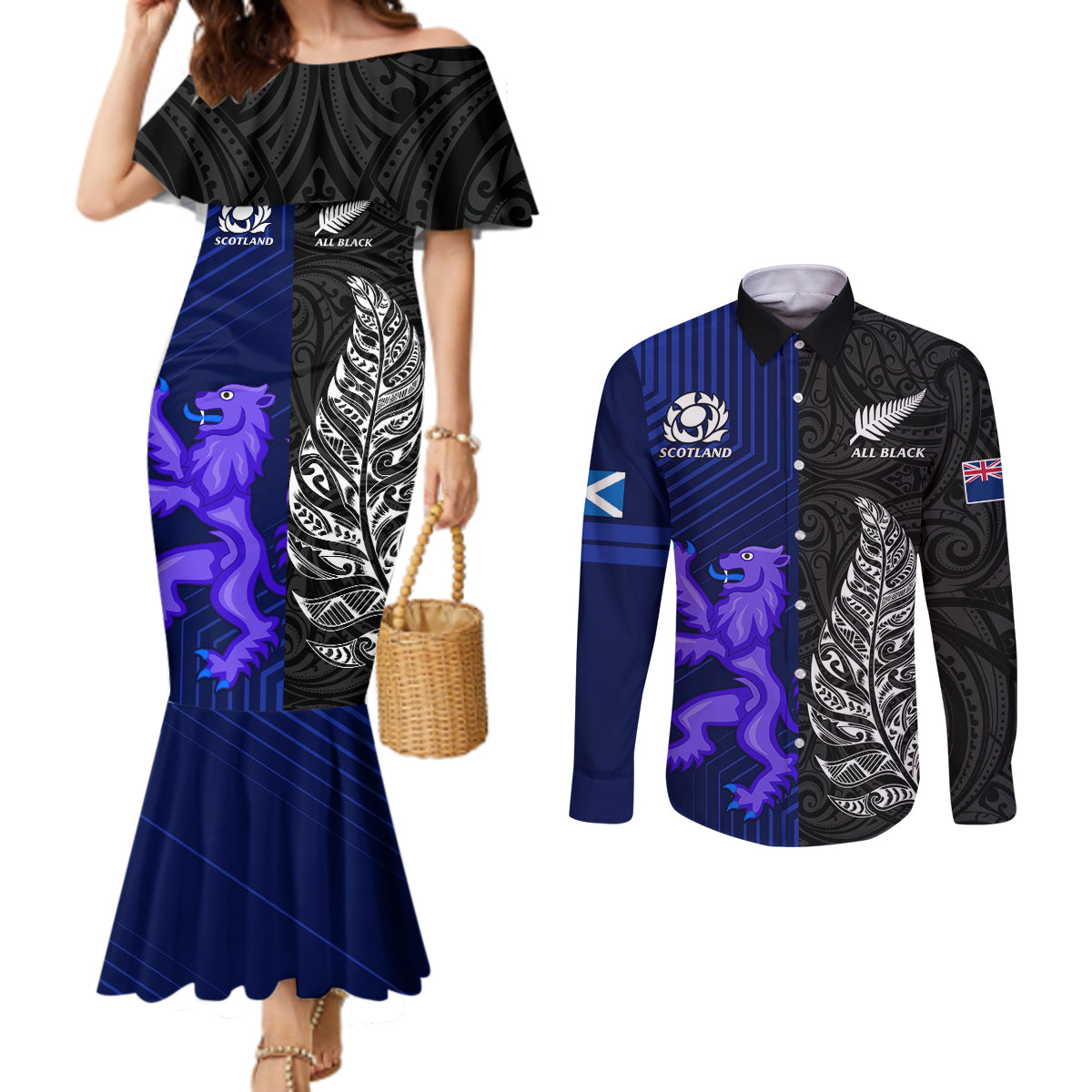 New Zealand and Scotland Rugby Couples Matching Mermaid Dress and Long Sleeve Button Shirts All Black Maori With Thistle Together LT14 Black - Polynesian Pride