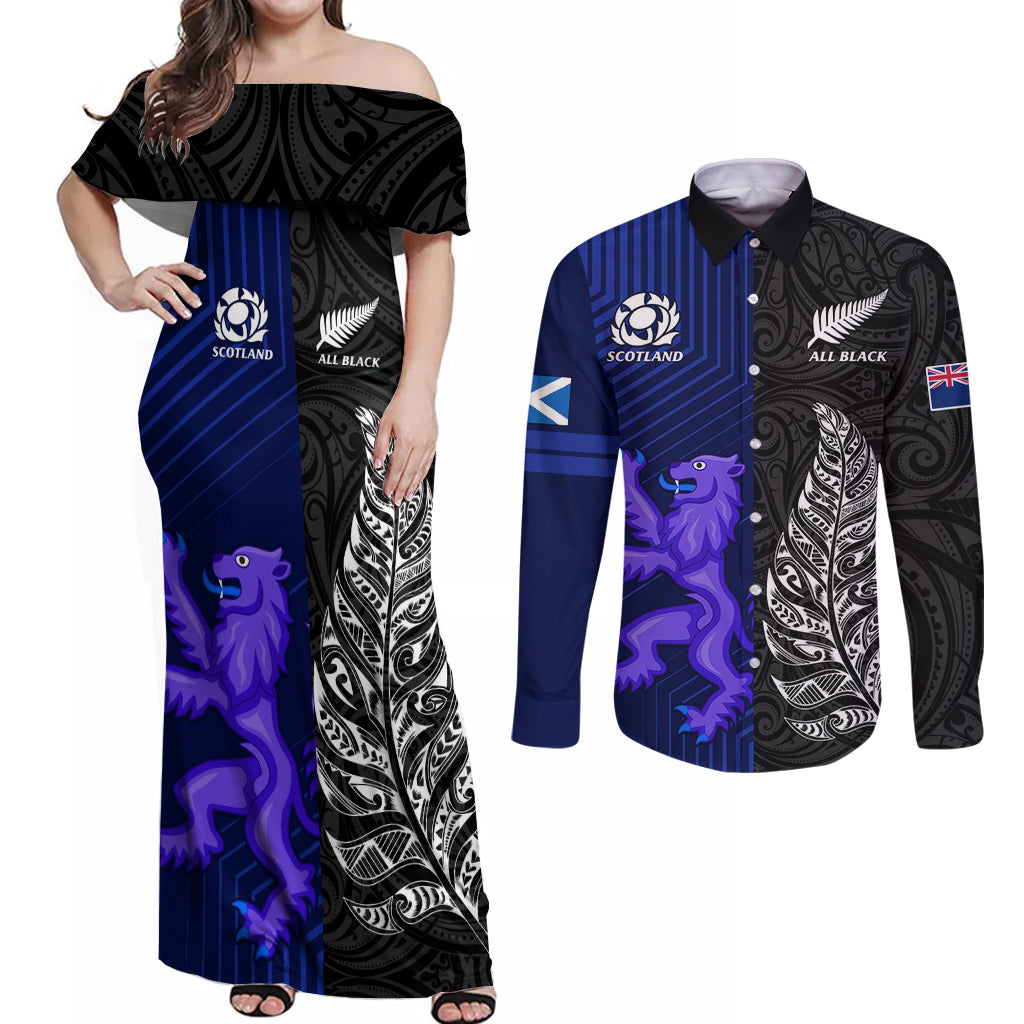 New Zealand and Scotland Rugby Couples Matching Off Shoulder Maxi Dress and Long Sleeve Button Shirts All Black Maori With Thistle Together LT14 Black - Polynesian Pride