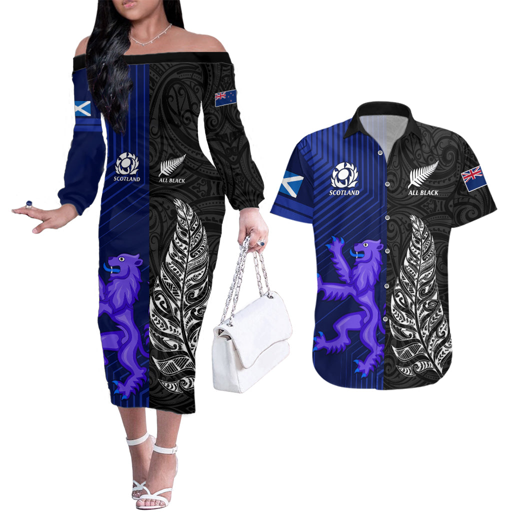 New Zealand and Scotland Rugby Couples Matching Off The Shoulder Long Sleeve Dress and Hawaiian Shirt All Black Maori With Thistle Together LT14 Black - Polynesian Pride