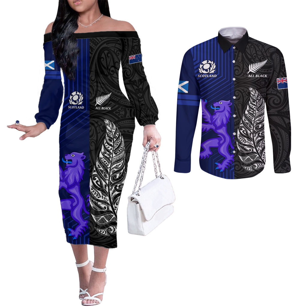 New Zealand and Scotland Rugby Couples Matching Off The Shoulder Long Sleeve Dress and Long Sleeve Button Shirts All Black Maori With Thistle Together LT14 Black - Polynesian Pride