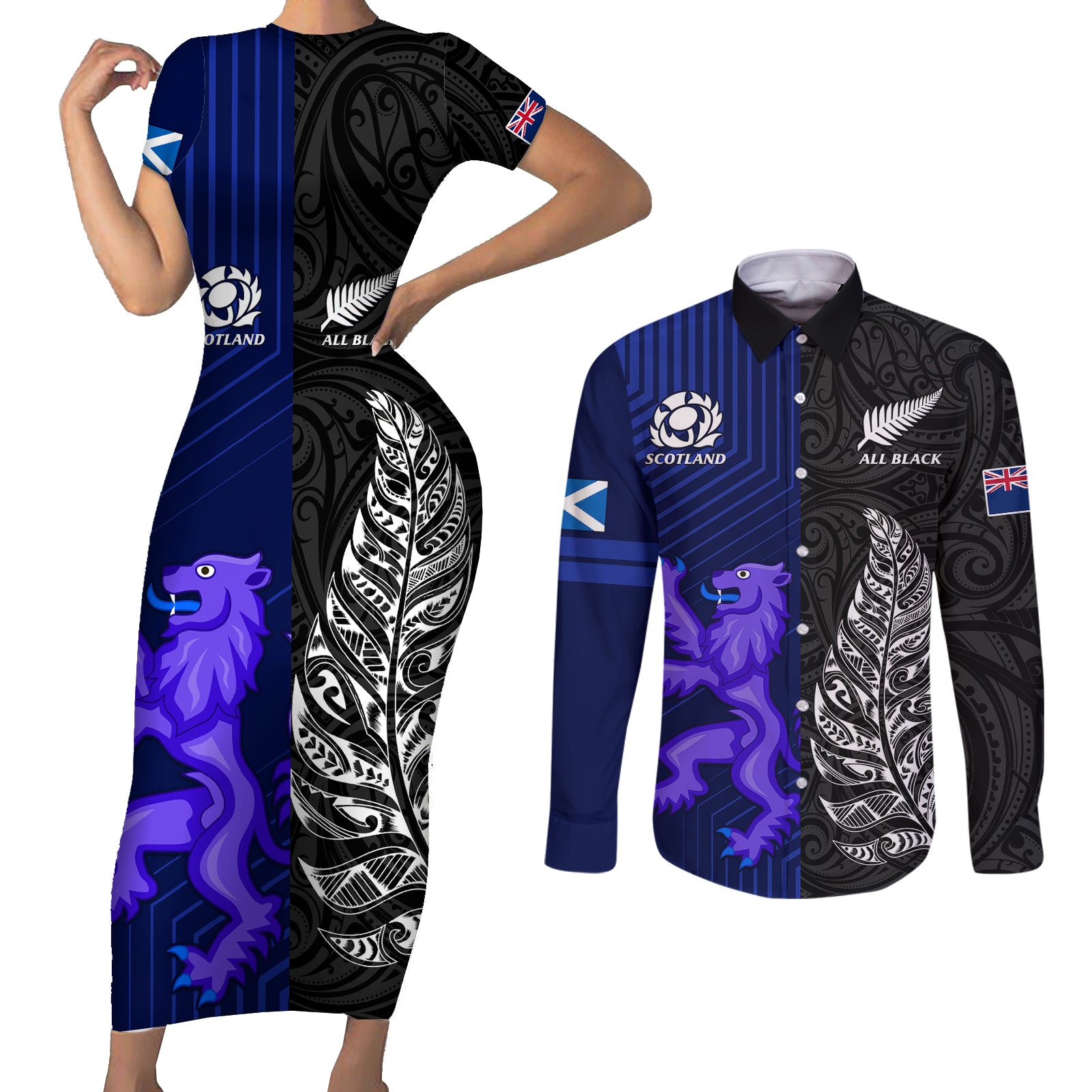 New Zealand and Scotland Rugby Couples Matching Short Sleeve Bodycon Dress and Long Sleeve Button Shirts All Black Maori With Thistle Together LT14 Black - Polynesian Pride