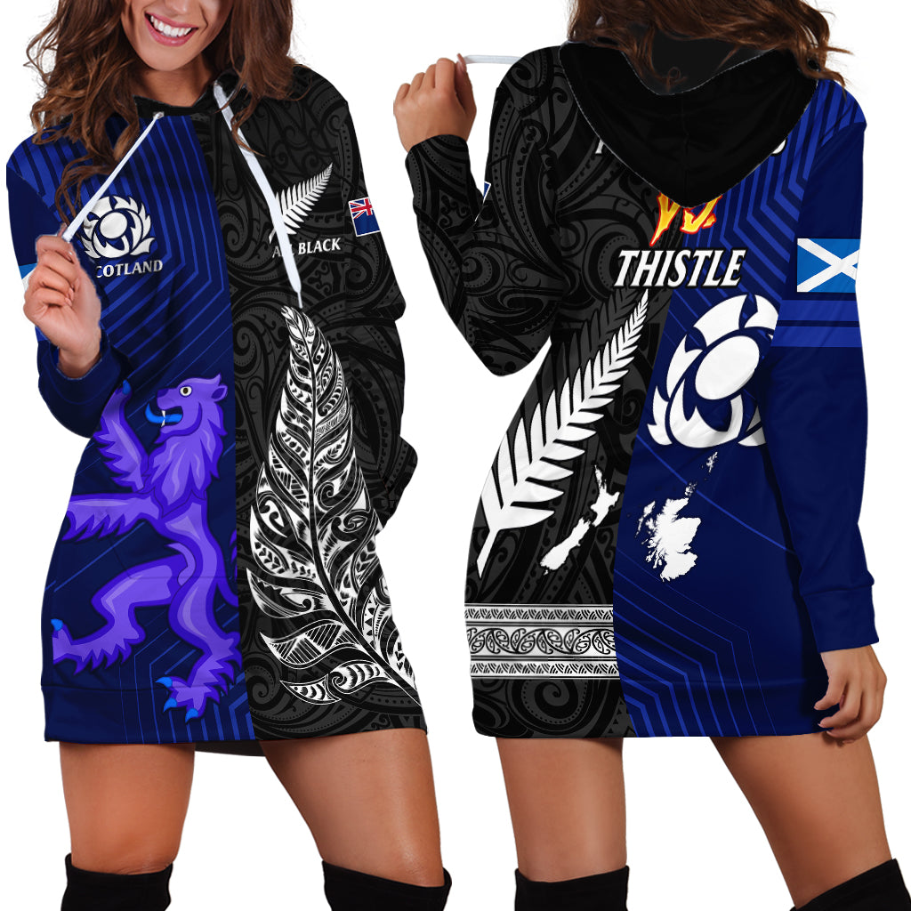 New Zealand and Scotland Rugby Hoodie Dress All Black Maori With Thistle Together LT14 Black - Polynesian Pride