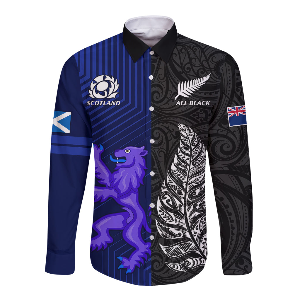 New Zealand and Scotland Rugby Long Sleeve Button Shirt All Black Maori With Thistle Together LT14 Unisex Black - Polynesian Pride