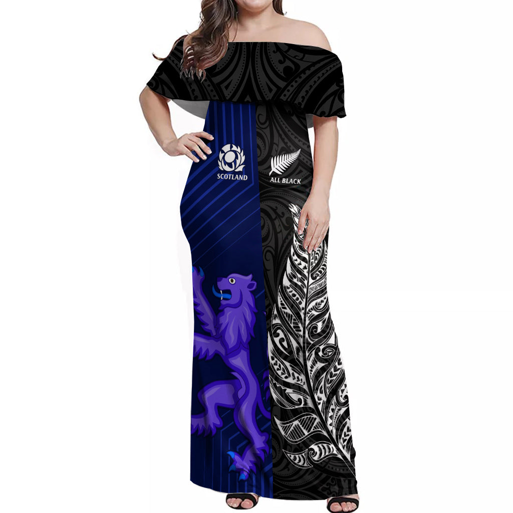 New Zealand and Scotland Rugby Off Shoulder Maxi Dress All Black Maori With Thistle Together LT14 Women Black - Polynesian Pride