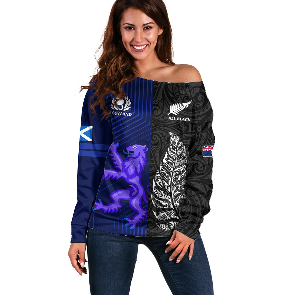 New Zealand and Scotland Rugby Off Shoulder Sweater All Black Maori With Thistle Together LT14 Women Black - Polynesian Pride