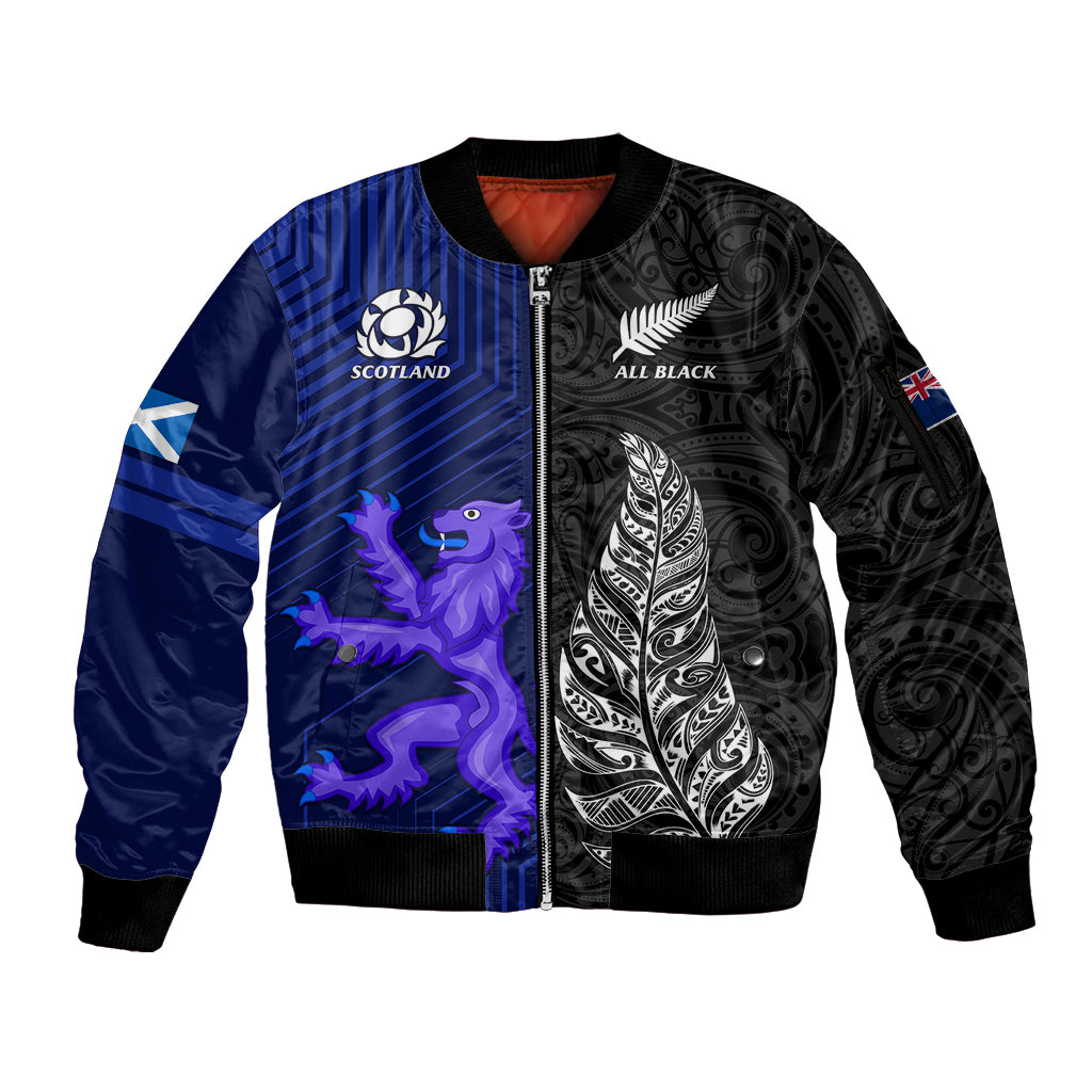 New Zealand and Scotland Rugby Sleeve Zip Bomber Jacket All Black Maori With Thistle Together LT14 Unisex Black - Polynesian Pride