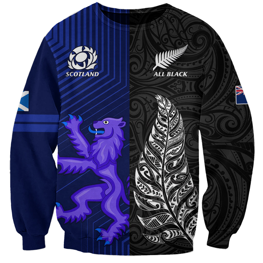 New Zealand and Scotland Rugby Sweatshirt All Black Maori With Thistle Together LT14 Unisex Black - Polynesian Pride