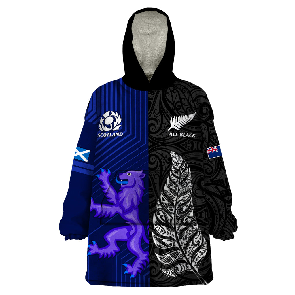 New Zealand and Scotland Rugby Wearable Blanket Hoodie All Black Maori With Thistle Together LT14 One Size Black - Polynesian Pride