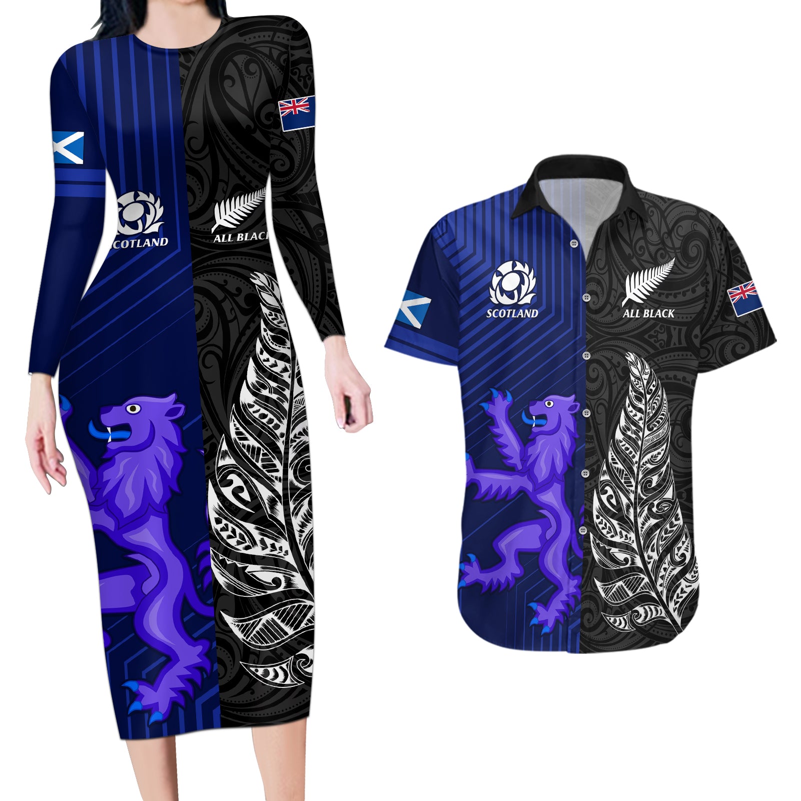 Personalised New Zealand and Scotland Rugby Couples Matching Long Sleeve Bodycon Dress and Hawaiian Shirt All Black Maori With Thistle Together LT14 Black - Polynesian Pride