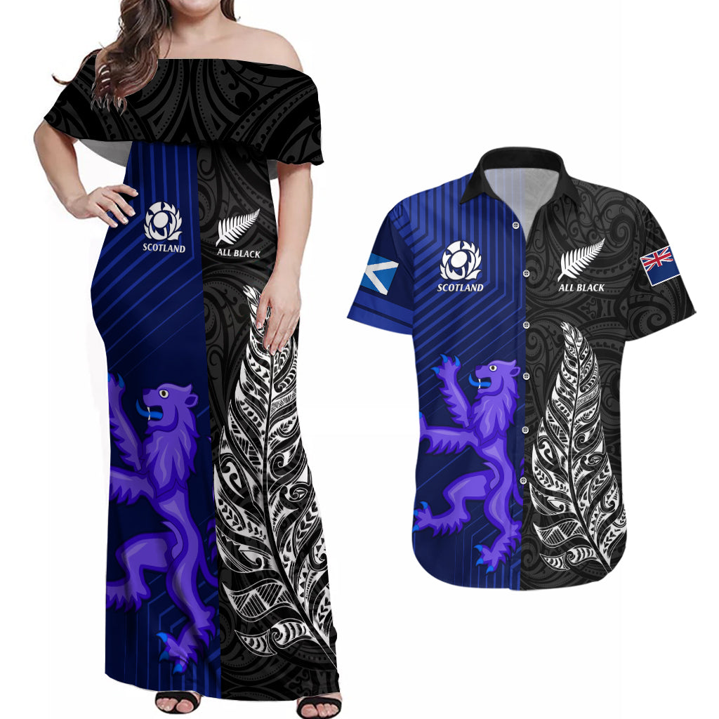 Personalised New Zealand and Scotland Rugby Couples Matching Off Shoulder Maxi Dress and Hawaiian Shirt All Black Maori With Thistle Together LT14 Black - Polynesian Pride