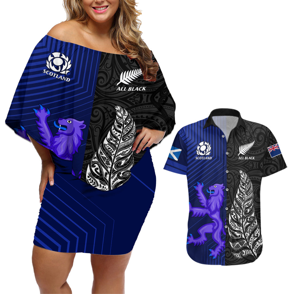 Personalised New Zealand and Scotland Rugby Couples Matching Off Shoulder Short Dress and Hawaiian Shirt All Black Maori With Thistle Together LT14 Black - Polynesian Pride