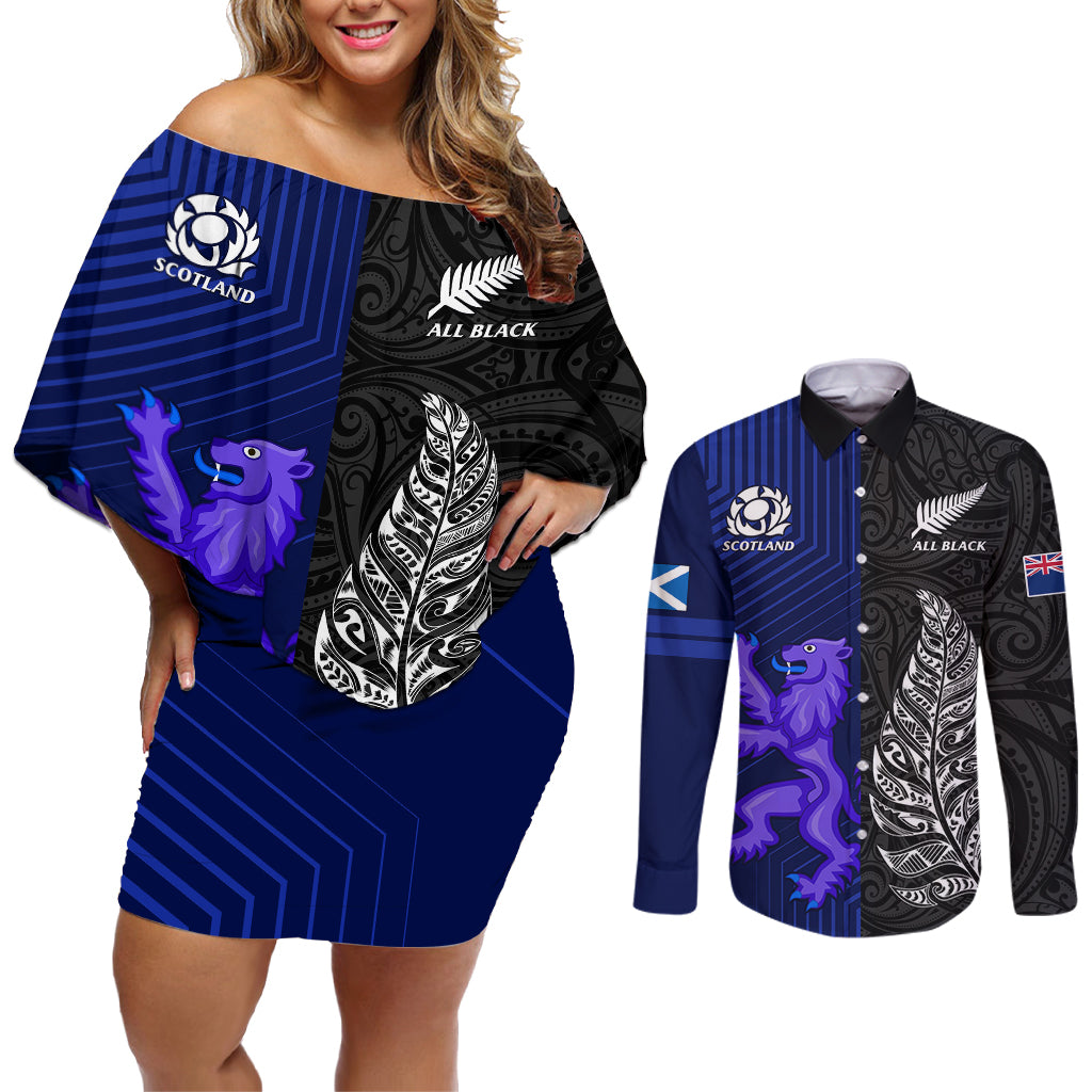 Personalised New Zealand and Scotland Rugby Couples Matching Off Shoulder Short Dress and Long Sleeve Button Shirts All Black Maori With Thistle Together LT14 Black - Polynesian Pride