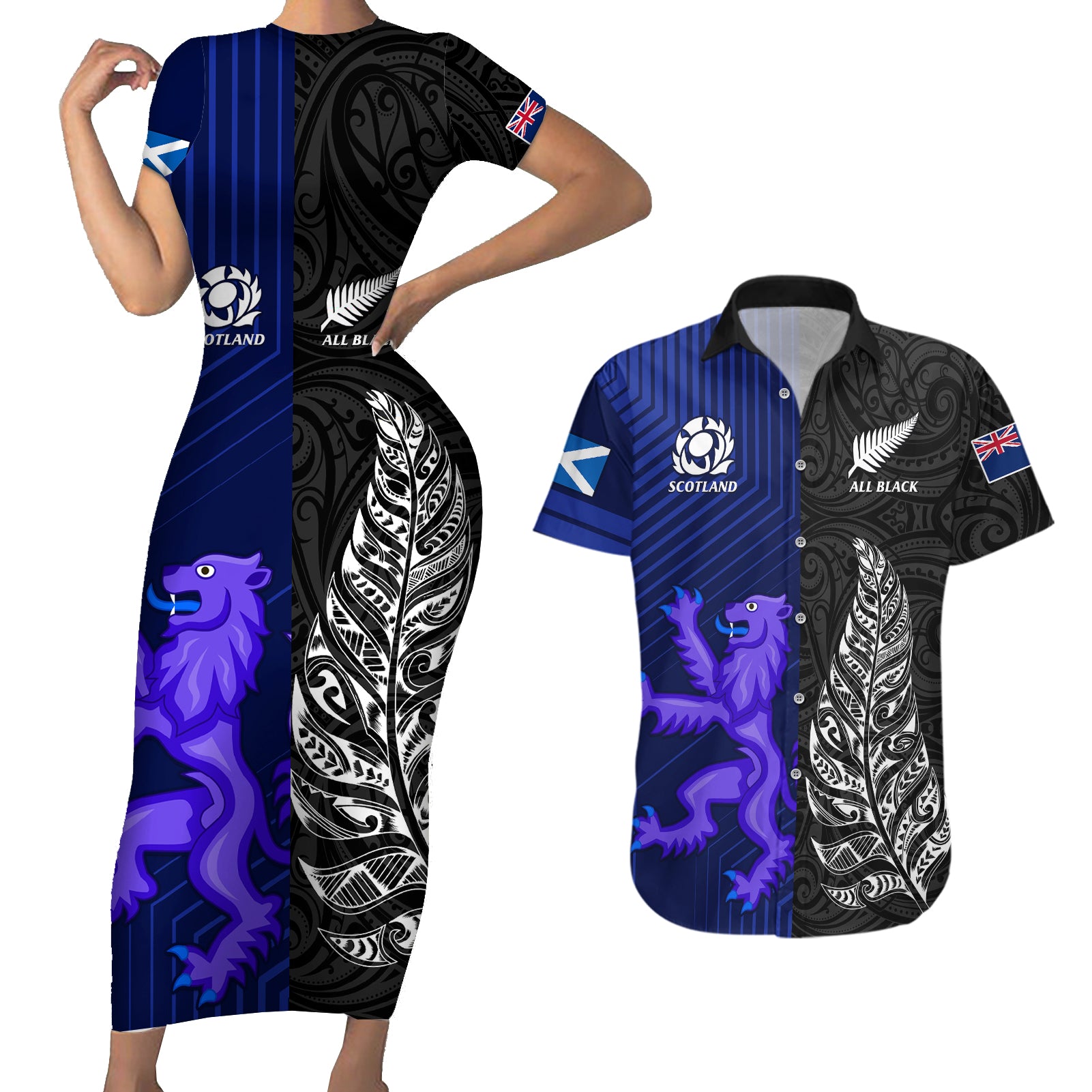 Personalised New Zealand and Scotland Rugby Couples Matching Short Sleeve Bodycon Dress and Hawaiian Shirt All Black Maori With Thistle Together LT14 Black - Polynesian Pride