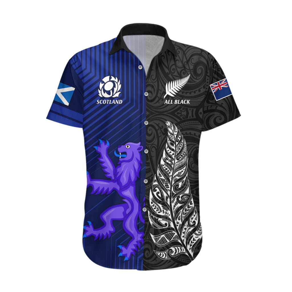 Personalised New Zealand and Scotland Rugby Hawaiian Shirt All Black Maori With Thistle Together LT14 Black - Polynesian Pride