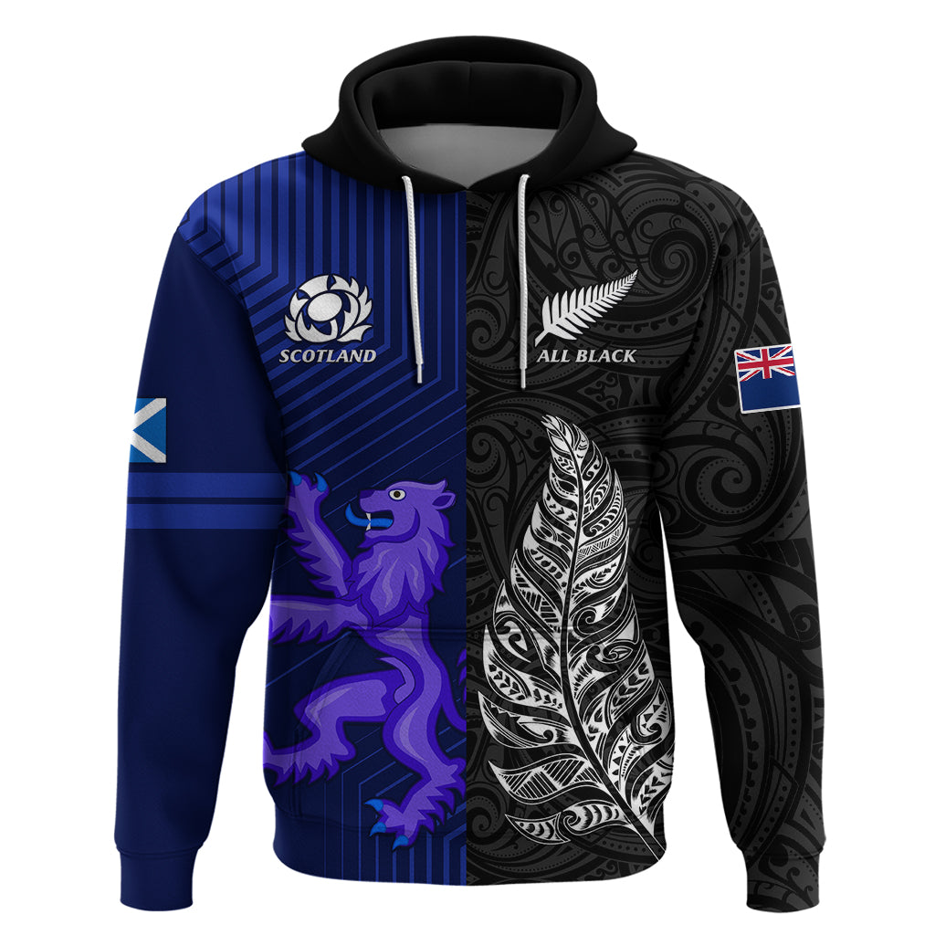 Personalised New Zealand and Scotland Rugby Hoodie All Black Maori With Thistle Together LT14 Black - Polynesian Pride