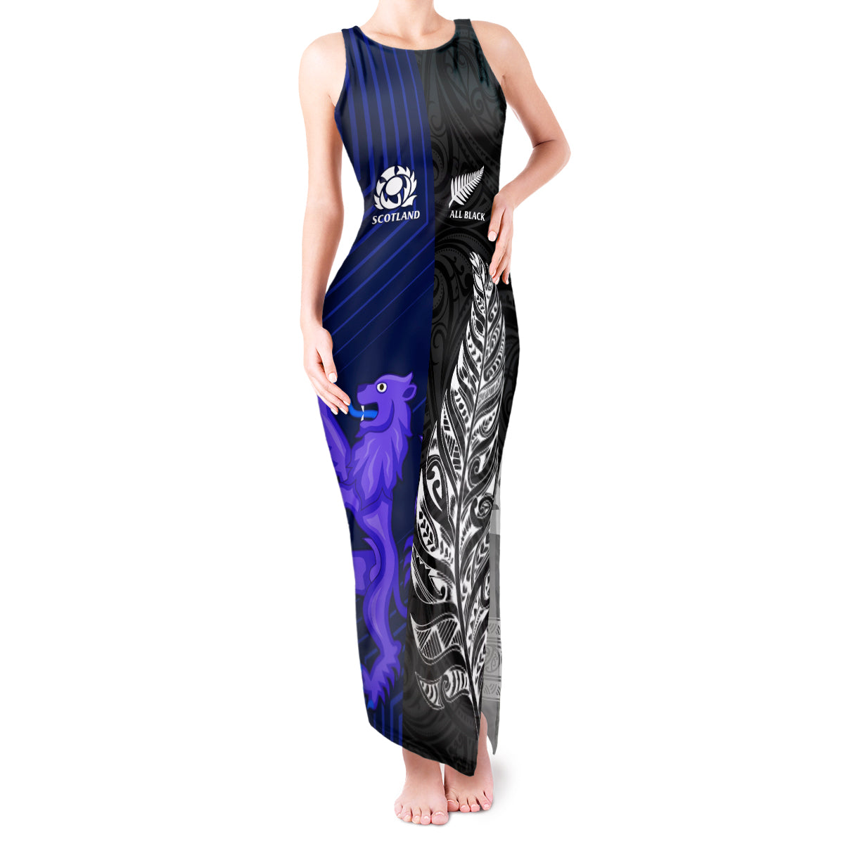 Personalised New Zealand and Scotland Rugby Tank Maxi Dress All Black Maori With Thistle Together LT14 Women Black - Polynesian Pride