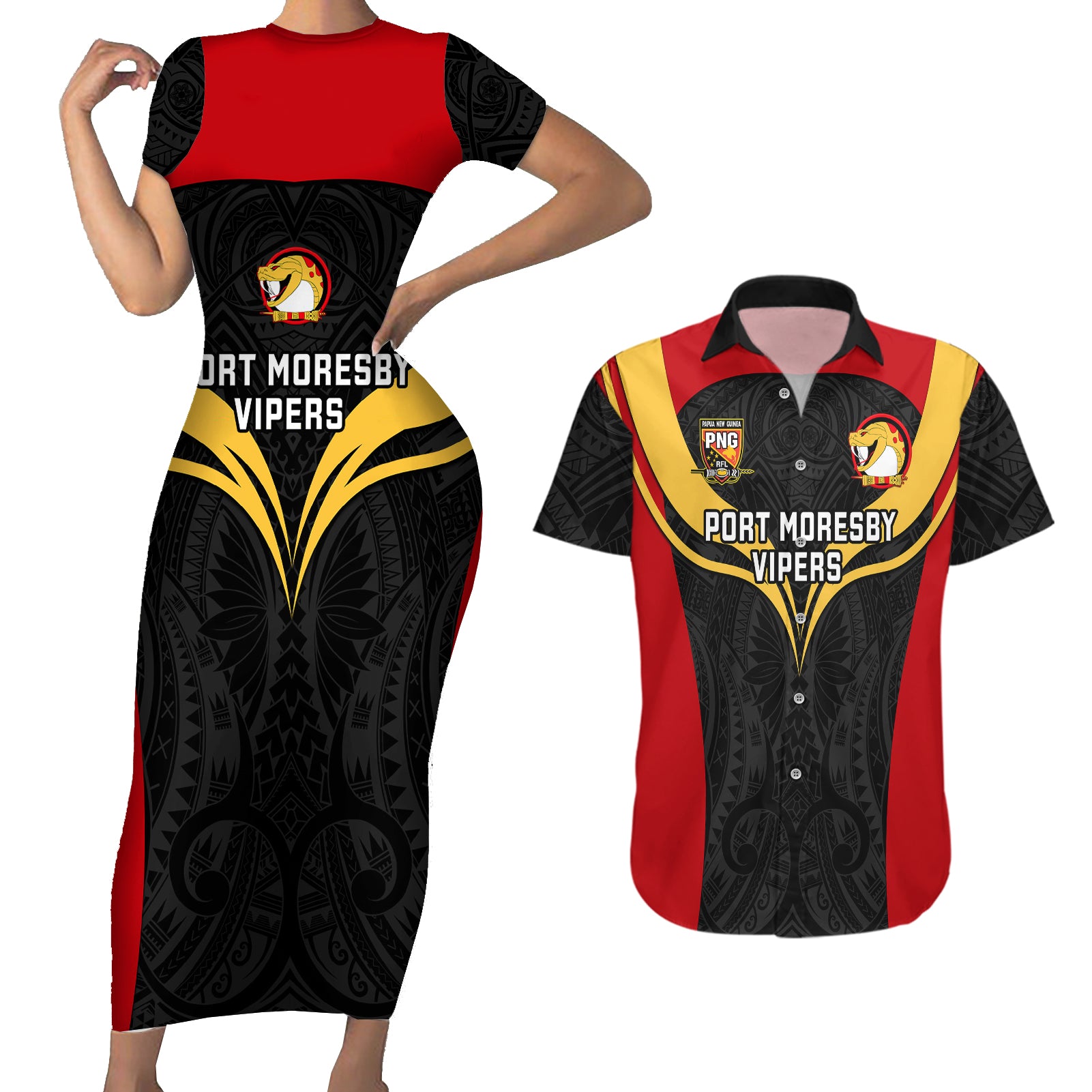 Papua New Guinea Rugby Couples Matching Short Sleeve Bodycon Dress and Hawaiian Shirt Port Moresby Vipers PNG Polynesian Pattern LT14 Black - Polynesian Pride