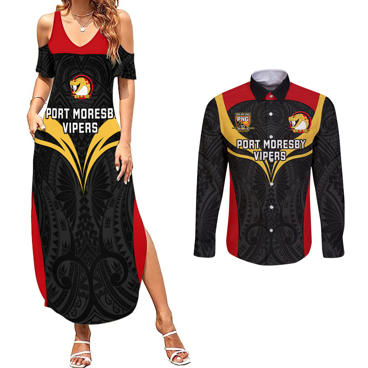 Papua New Guinea Rugby Couples Matching Summer Maxi Dress and Long Sleeve Button Shirts Port Moresby Vipers PNG Polynesian Pattern LT14 Black - Polynesian Pride