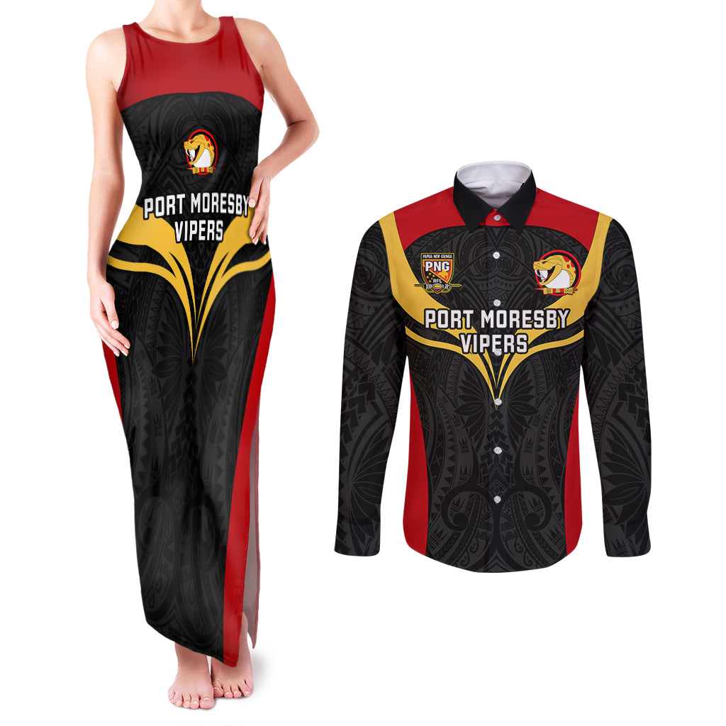 Papua New Guinea Rugby Couples Matching Tank Maxi Dress and Long Sleeve Button Shirts Port Moresby Vipers PNG Polynesian Pattern LT14 Black - Polynesian Pride