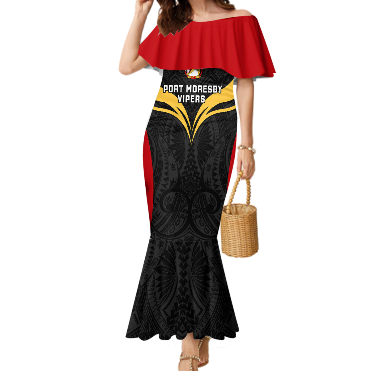 Papua New Guinea Rugby Mermaid Dress Port Moresby Vipers PNG Polynesian Pattern LT14 Women Black - Polynesian Pride