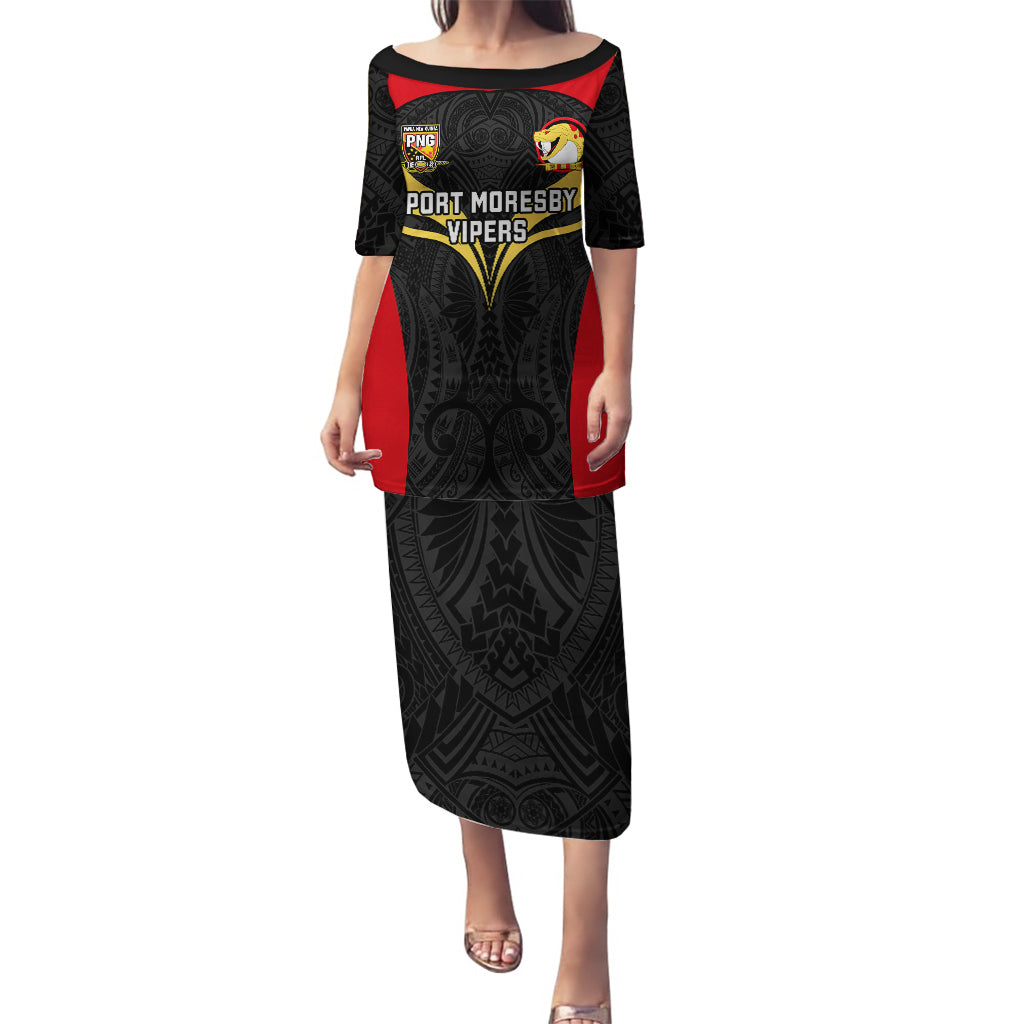 Papua New Guinea Rugby Puletasi Port Moresby Vipers PNG Polynesian Pattern LT14 Long Dress Black - Polynesian Pride