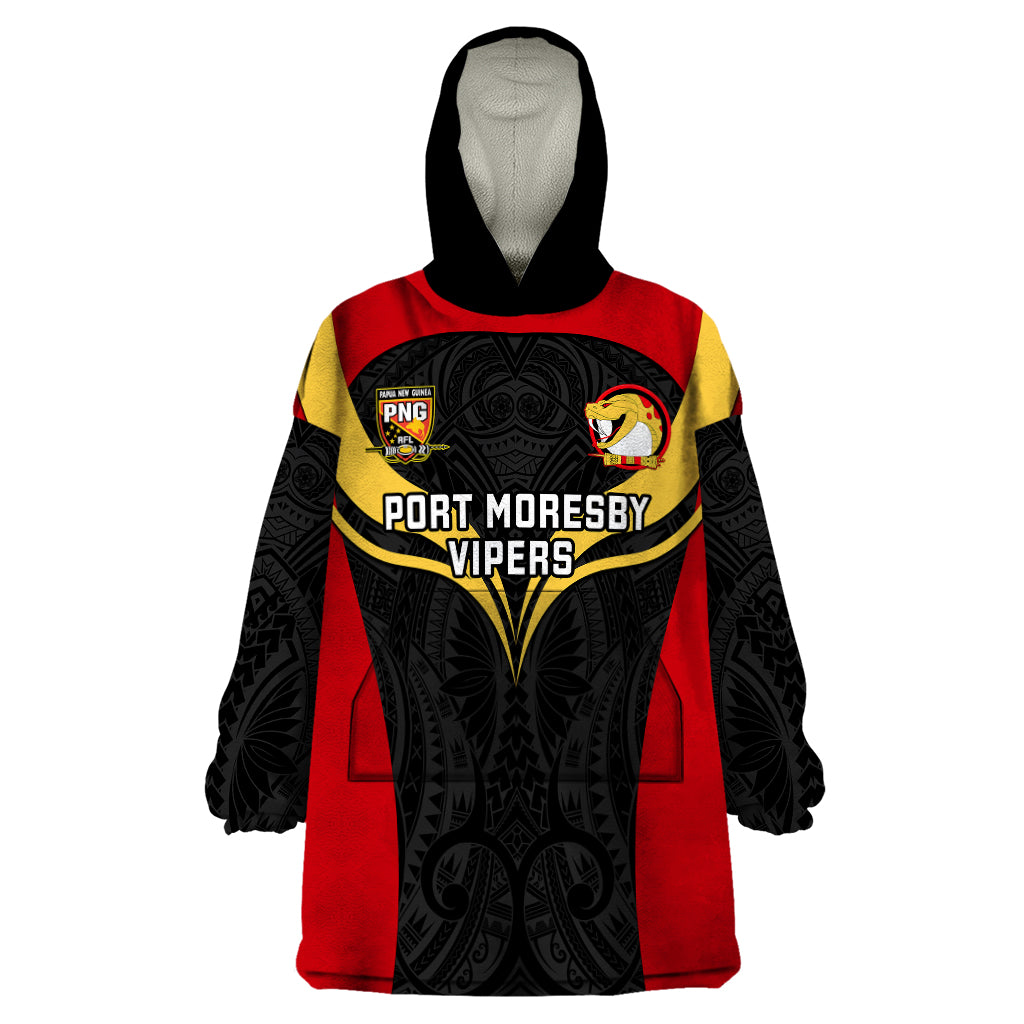 Papua New Guinea Rugby Wearable Blanket Hoodie Port Moresby Vipers PNG Polynesian Pattern LT14 One Size Black - Polynesian Pride