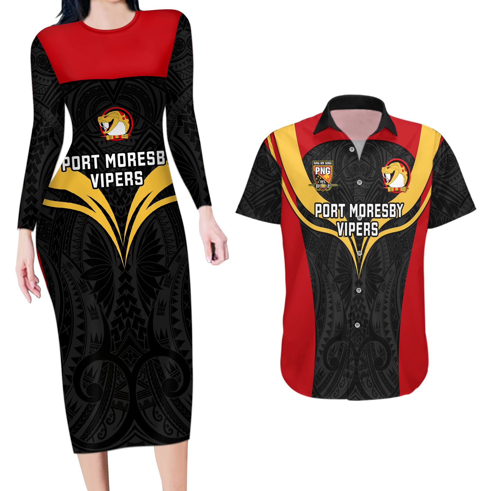 Custom Papua New Guinea Rugby Couples Matching Long Sleeve Bodycon Dress and Hawaiian Shirt Port Moresby Vipers PNG Polynesian Pattern LT14 Black - Polynesian Pride