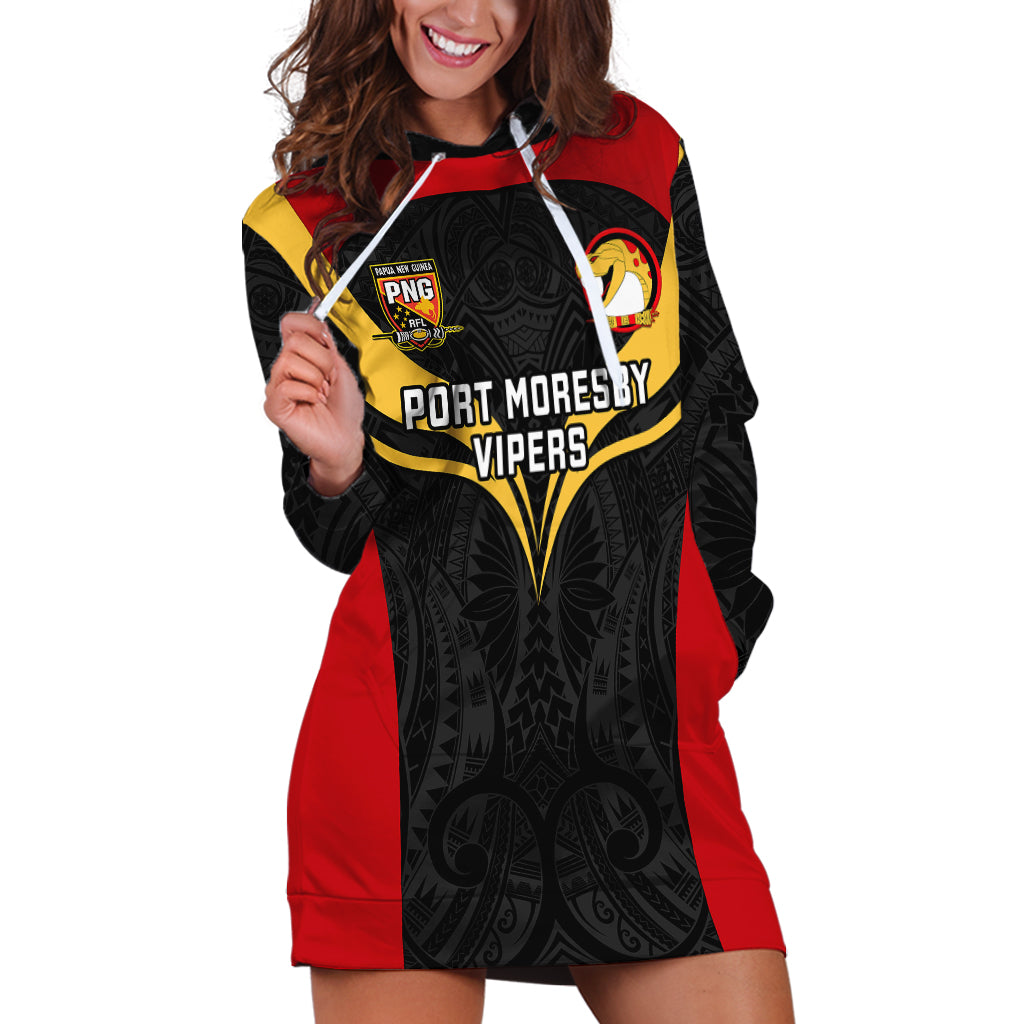 Custom Papua New Guinea Rugby Hoodie Dress Port Moresby Vipers PNG Polynesian Pattern LT14 Black - Polynesian Pride