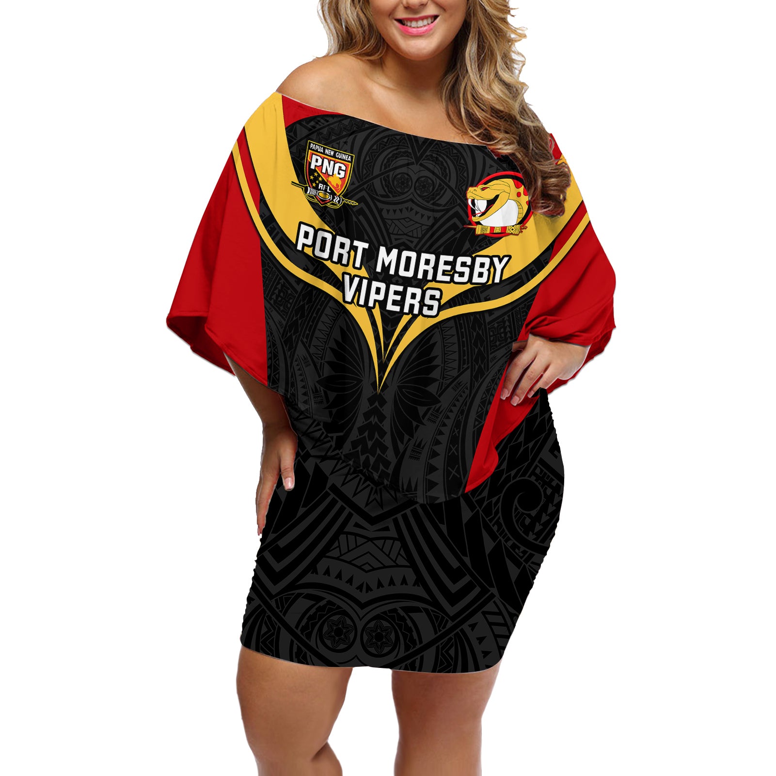 Custom Papua New Guinea Rugby Off Shoulder Short Dress Port Moresby Vipers PNG Polynesian Pattern LT14 Women Black - Polynesian Pride