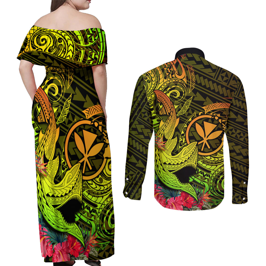 Hawaii Couples Matching Off Shoulder Maxi Dress and Long Sleeve Button Shirts Kanaka Map With Polynesian Shark Tattoo Reggae Unique LT14 - Polynesian Pride