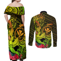 Hawaii Couples Matching Off Shoulder Maxi Dress and Long Sleeve Button Shirts Kanaka Map With Polynesian Shark Tattoo Reggae Unique LT14 - Polynesian Pride