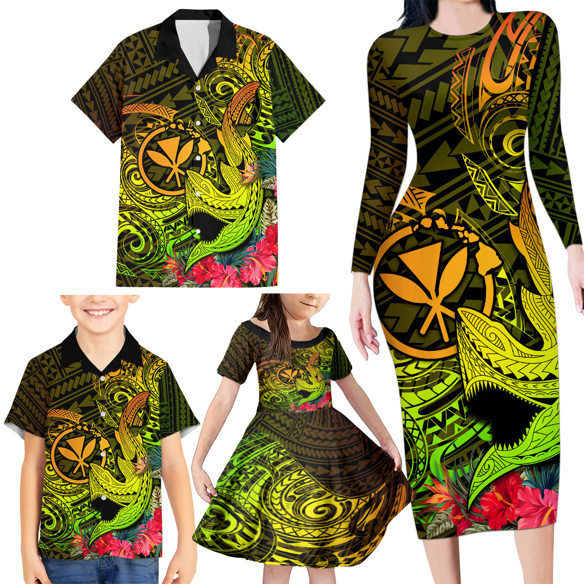 Hawaii Family Matching Long Sleeve Bodycon Dress and Hawaiian Shirt Kanaka Map With Polynesian Shark Tattoo Reggae Unique LT14 - Polynesian Pride