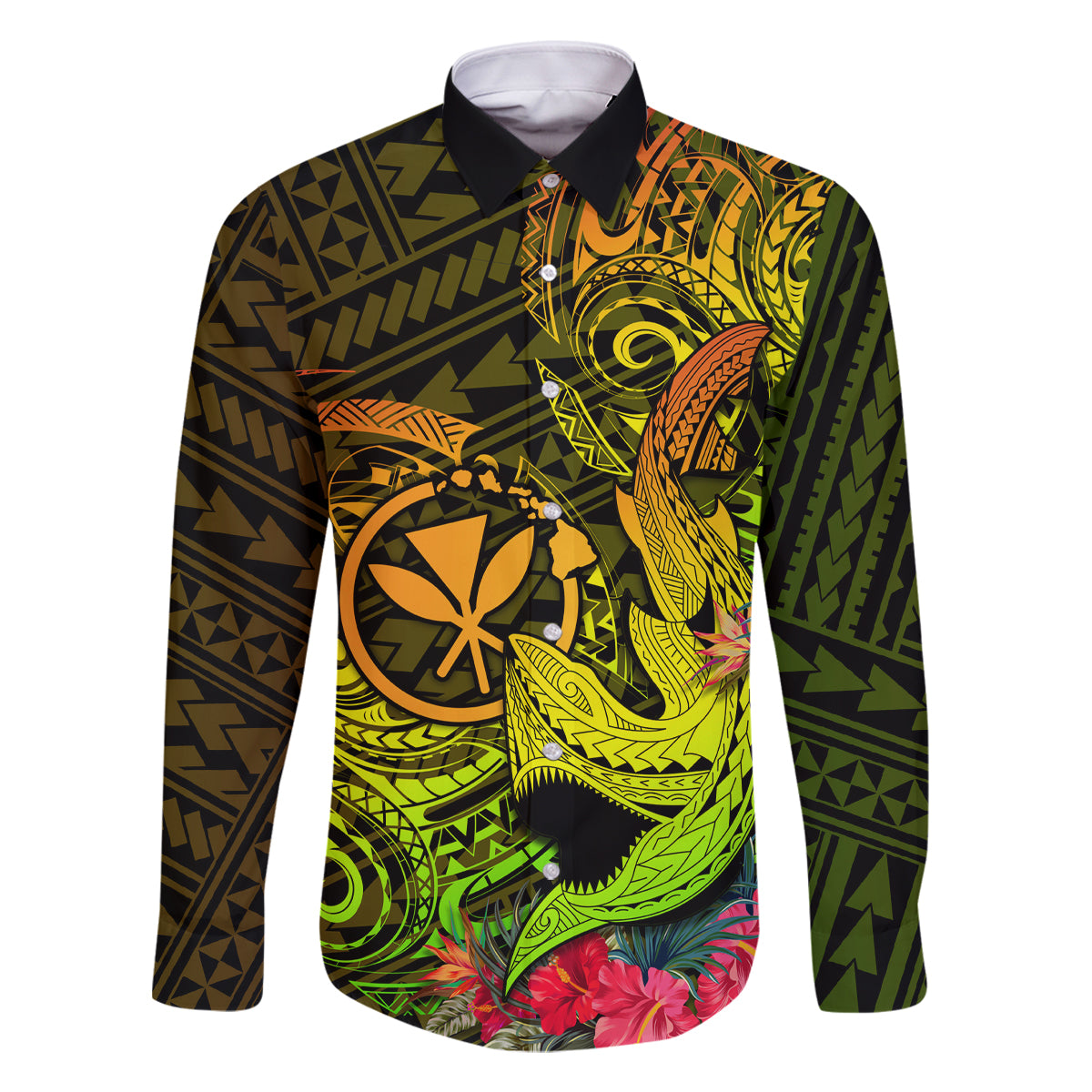 Hawaii Family Matching Long Sleeve Bodycon Dress and Hawaiian Shirt Kanaka Map With Polynesian Shark Tattoo Reggae Unique LT14 Dad's Shirt - Long Sleeve Reggae - Polynesian Pride