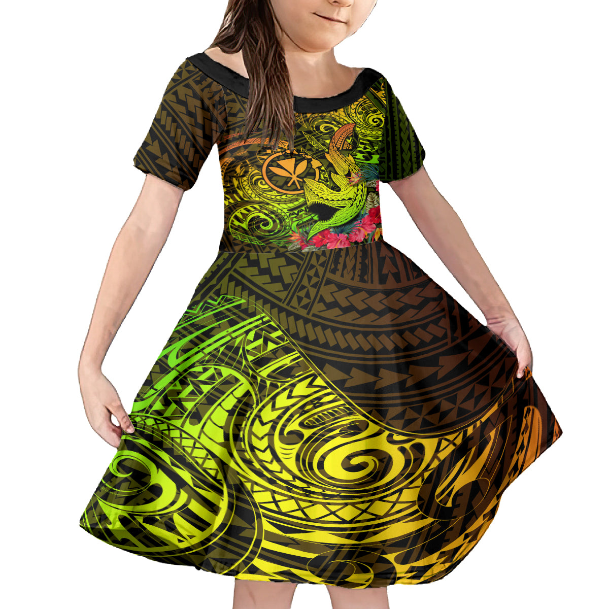 Hawaii Family Matching Off Shoulder Long Sleeve Dress and Hawaiian Shirt Kanaka Map With Polynesian Shark Tattoo Reggae Unique LT14 Daughter's Dress Reggae - Polynesian Pride