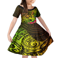 Hawaii Family Matching Off Shoulder Long Sleeve Dress and Hawaiian Shirt Kanaka Map With Polynesian Shark Tattoo Reggae Unique LT14 Daughter's Dress Reggae - Polynesian Pride