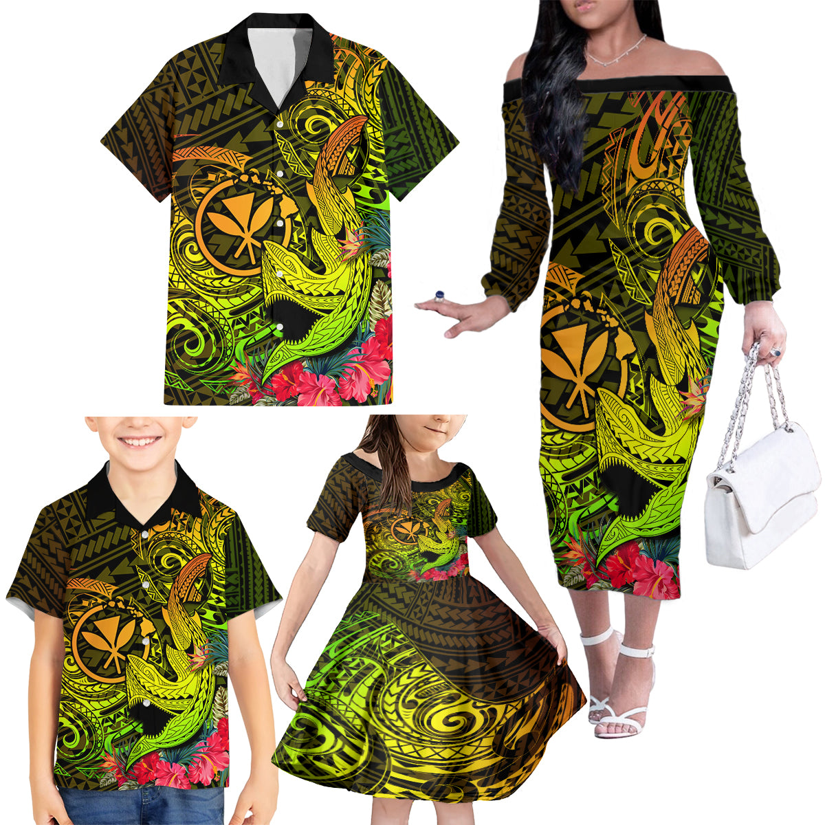 Hawaii Family Matching Off Shoulder Long Sleeve Dress and Hawaiian Shirt Kanaka Map With Polynesian Shark Tattoo Reggae Unique LT14 - Polynesian Pride