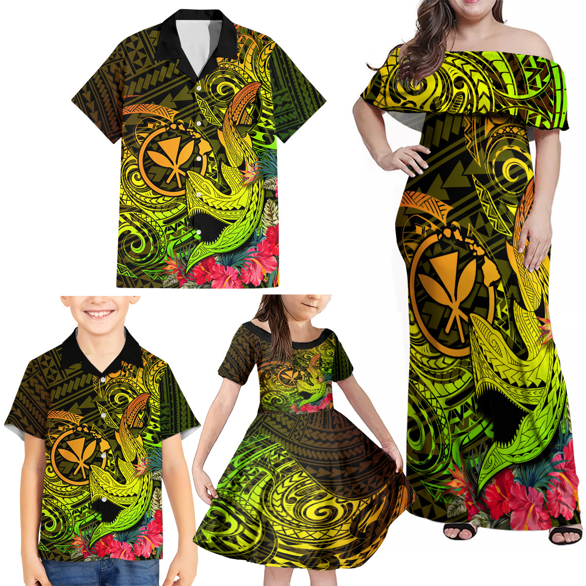 Hawaii Family Matching Off Shoulder Maxi Dress and Hawaiian Shirt Kanaka Map With Polynesian Shark Tattoo Reggae Unique LT14 - Polynesian Pride