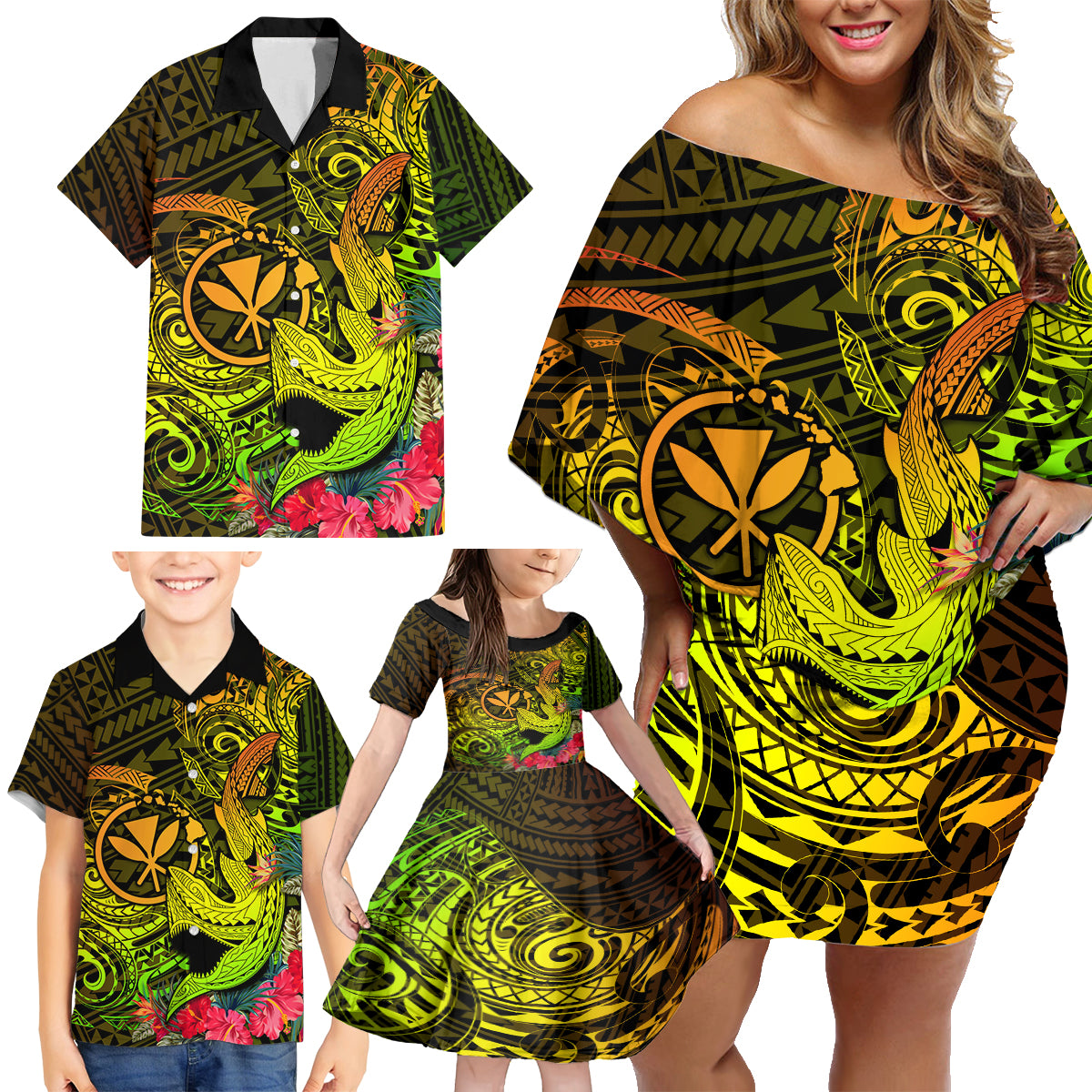 Hawaii Family Matching Off Shoulder Short Dress and Hawaiian Shirt Kanaka Map With Polynesian Shark Tattoo Reggae Unique LT14 - Polynesian Pride