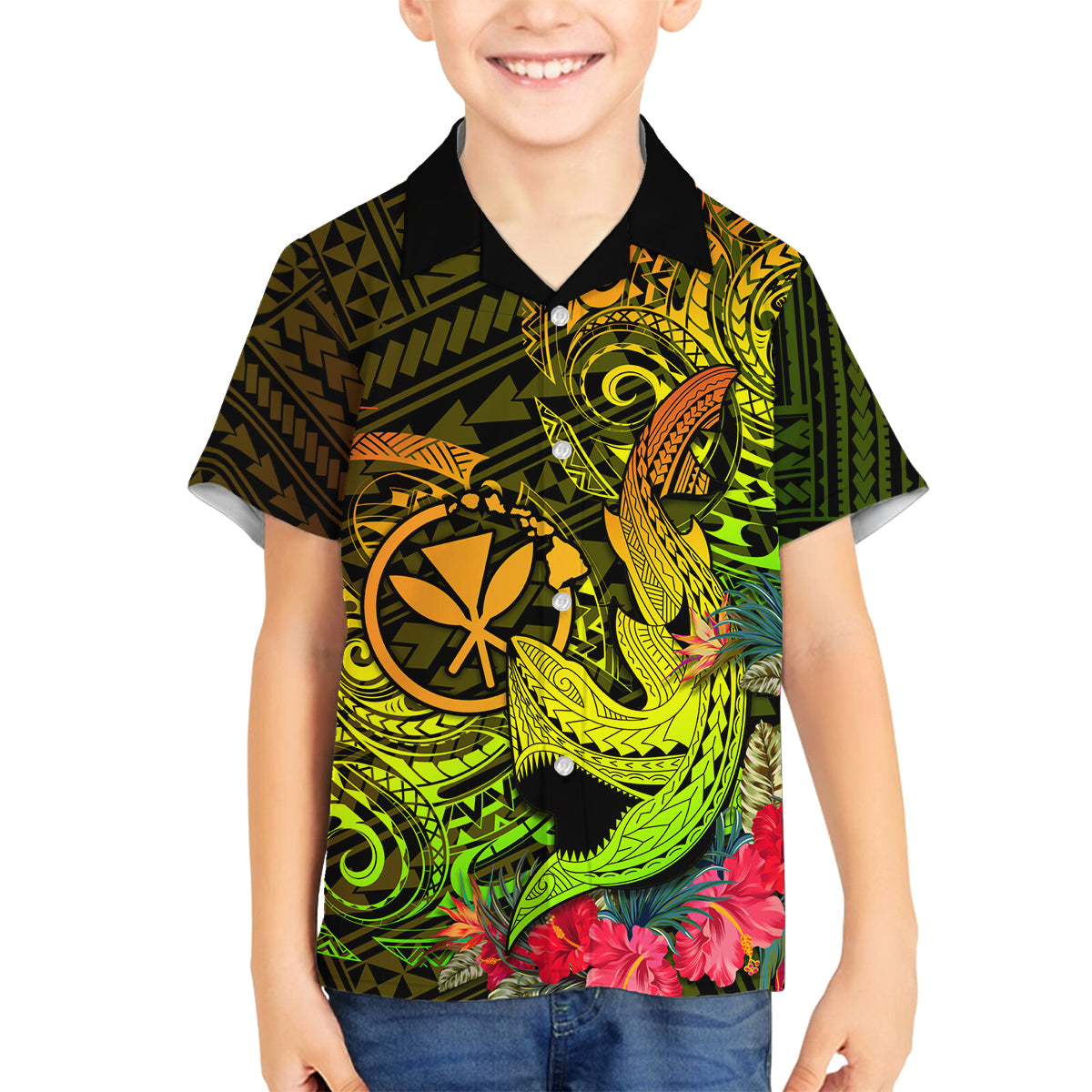 Hawaii Family Matching Puletasi Dress and Hawaiian Shirt Kanaka Map With Polynesian Shark Tattoo Reggae Unique LT14 Son's Shirt Reggae - Polynesian Pride