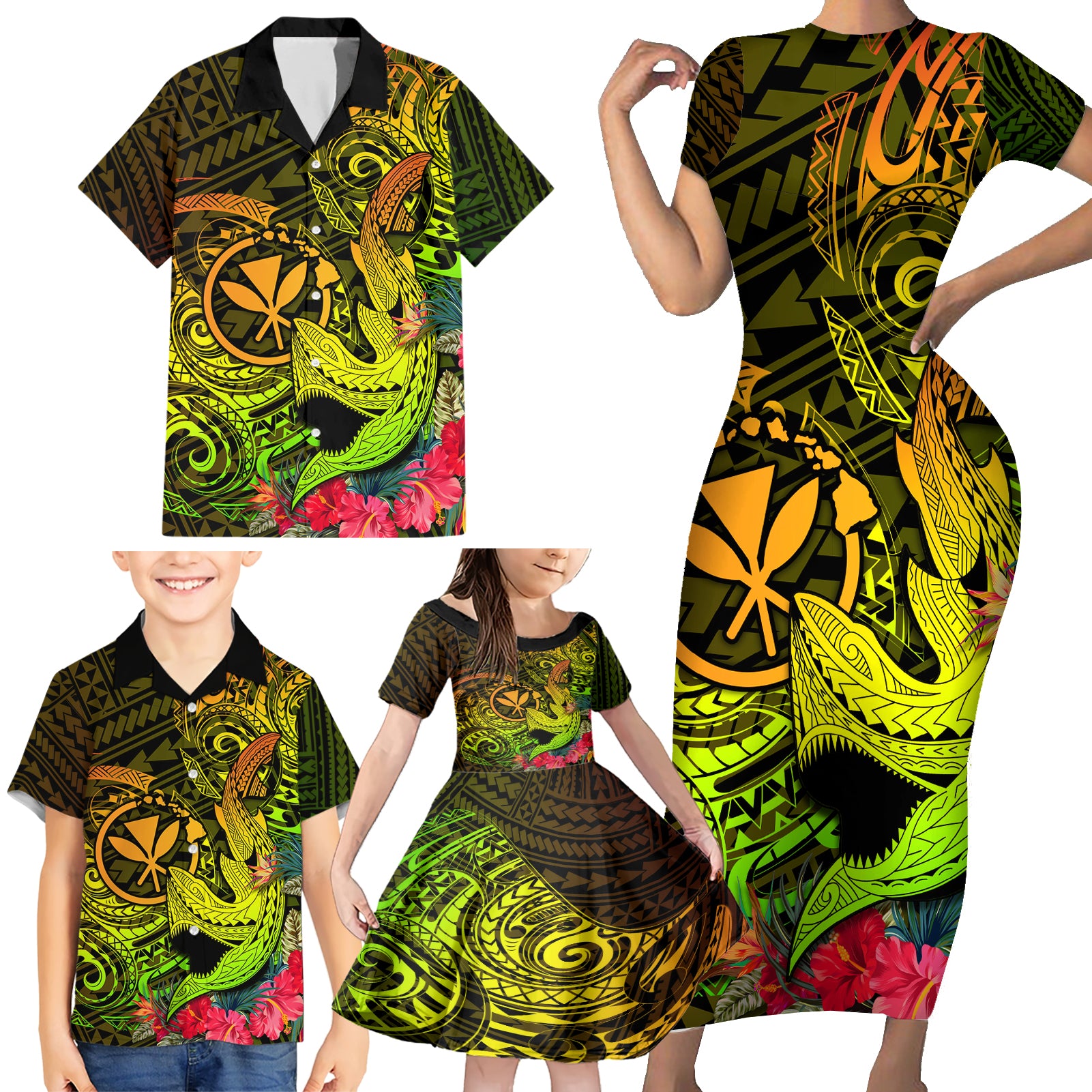 Hawaii Family Matching Short Sleeve Bodycon Dress and Hawaiian Shirt Kanaka Map With Polynesian Shark Tattoo Reggae Unique LT14 - Polynesian Pride