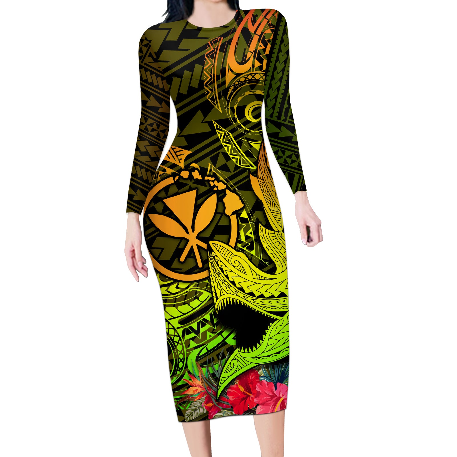 Hawaii Long Sleeve Bodycon Dress Kanaka Map With Polynesian Shark Tattoo Reggae Unique LT14 Long Dress Reggae - Polynesian Pride